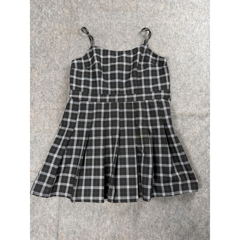 H&M Divided Plaid Dress Women Large Black White Pleated Mini Spaghetti Strap Y2K